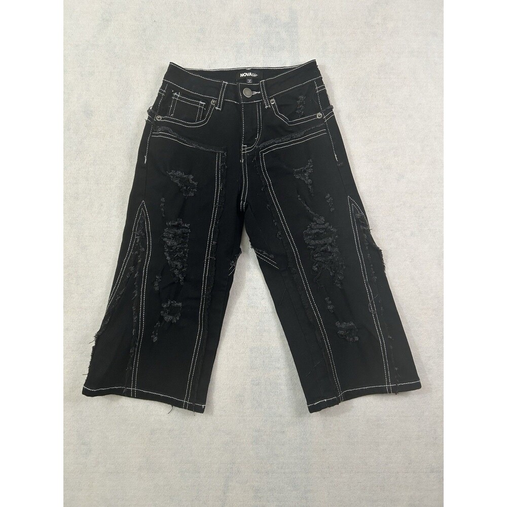 Nova Kids Black Contrast Stitch Distressed Wide Leg Jeans Girls Size 5 G61063